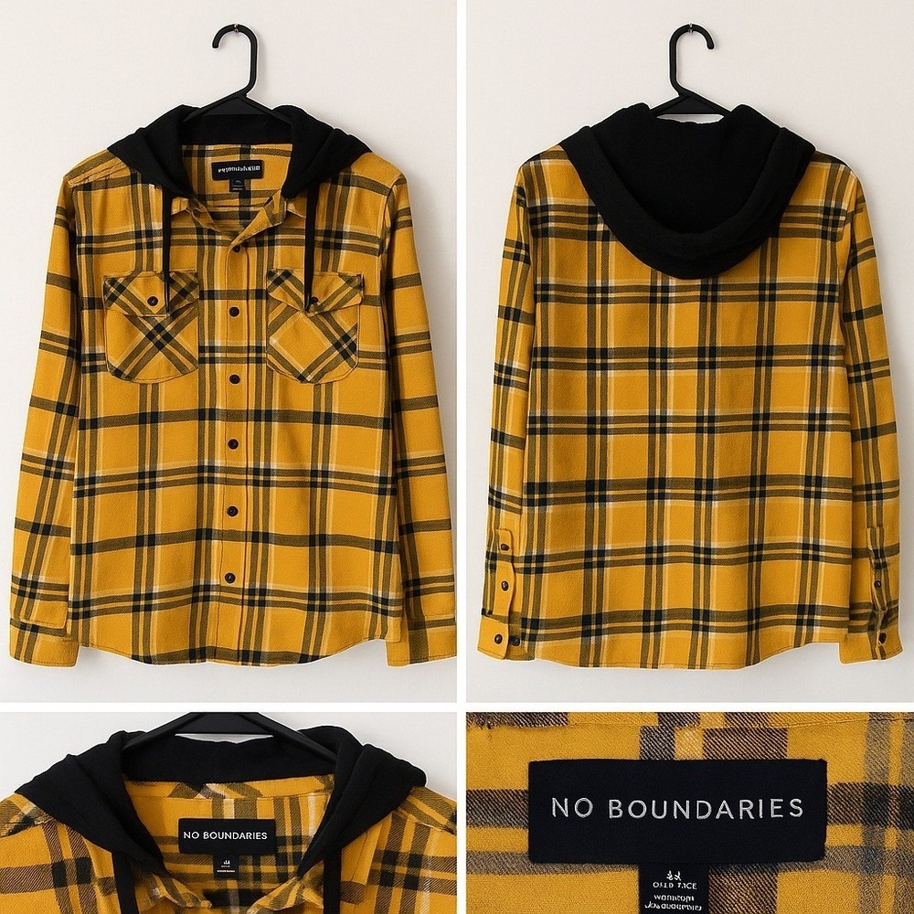 No Boundaries Hoodie Flannel Shirt Men M 38-40 Plaid Outdoor Work 100% Cotton